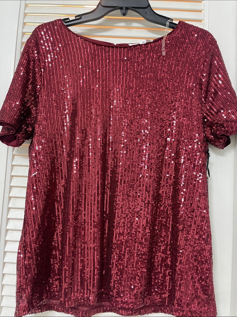 Sequined Short Sleeve Top - Wine Red
